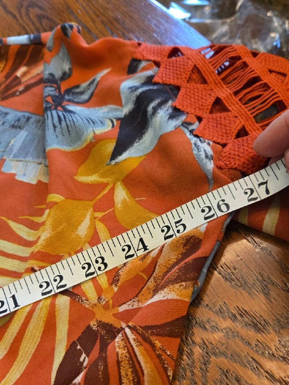 Crochet-Trim Tropical Button-Front Blouse - Rust Floral - Picture 7 of 8